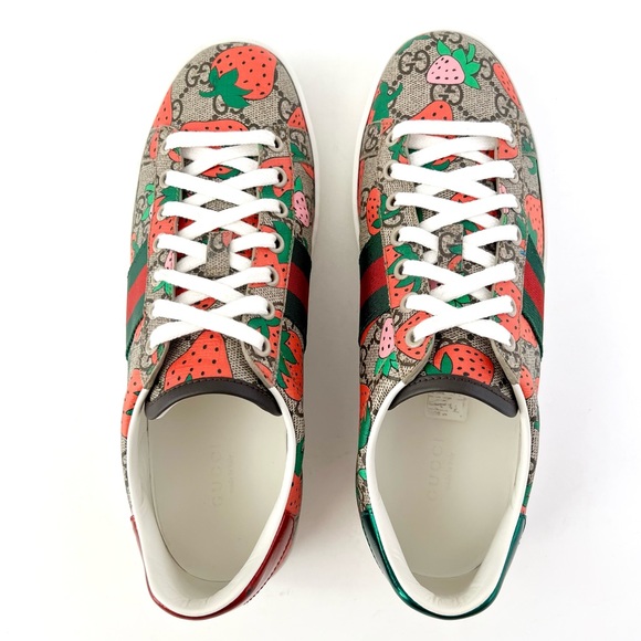 GUCCI || Ace Strawberry GG Supreme Monogram Web Striped Sneakers US 8 EU 38 - Picture 8 of 16